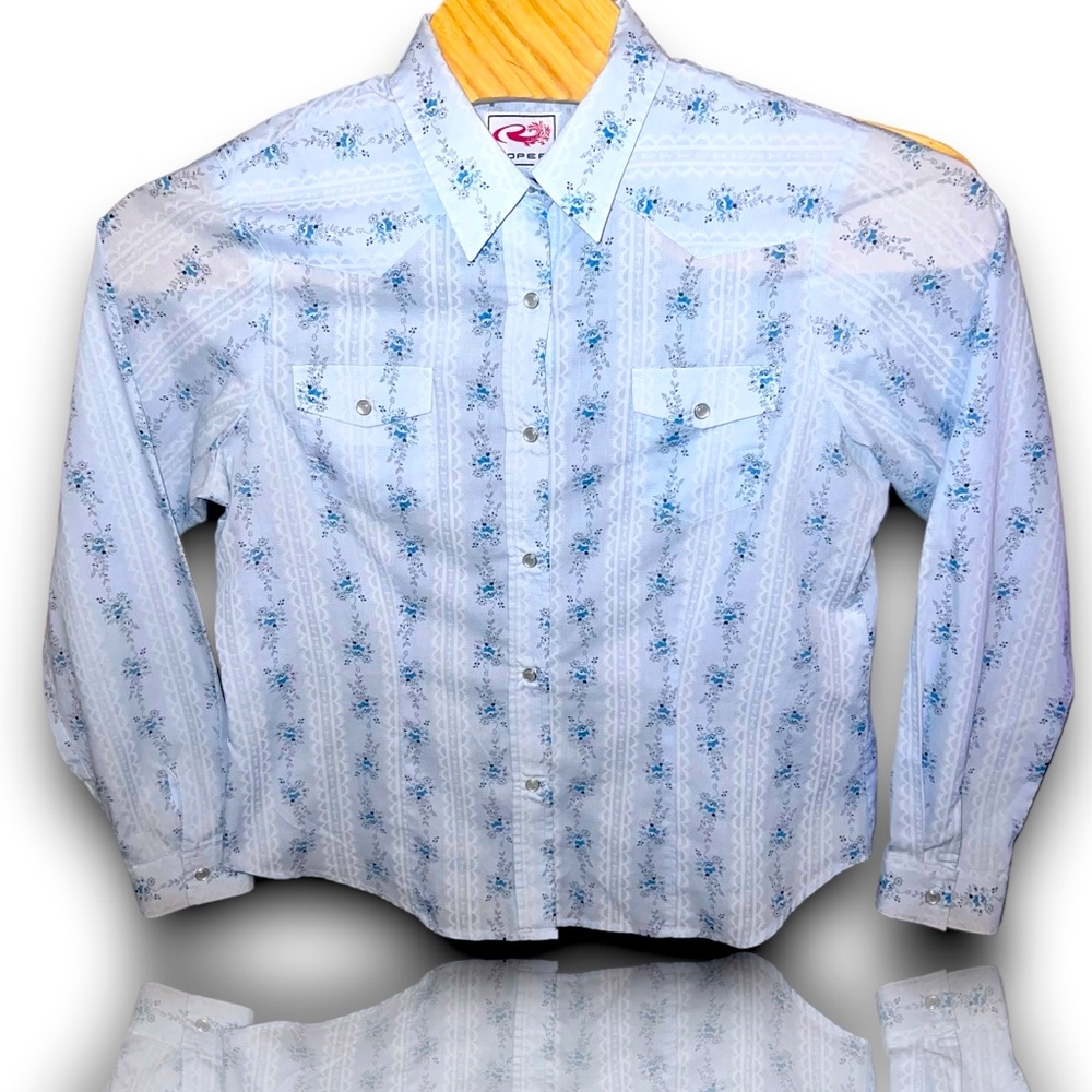 Roper XL Woman Western Rodeo Pearl Snap Front Lt Blue White Floral V. Good Cond!